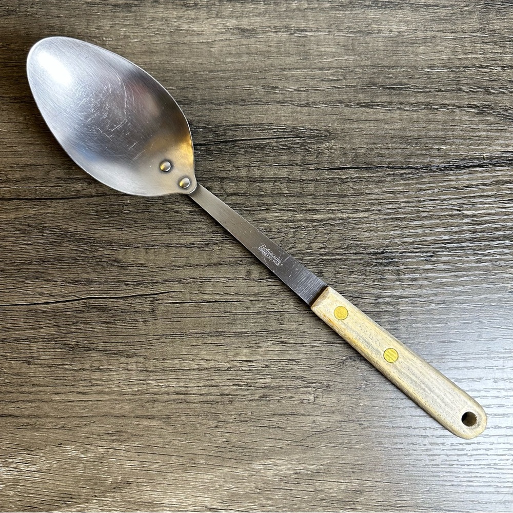 Vintage Robinson Stainless Steel Serving Spoon Wood Handle 12 Inch